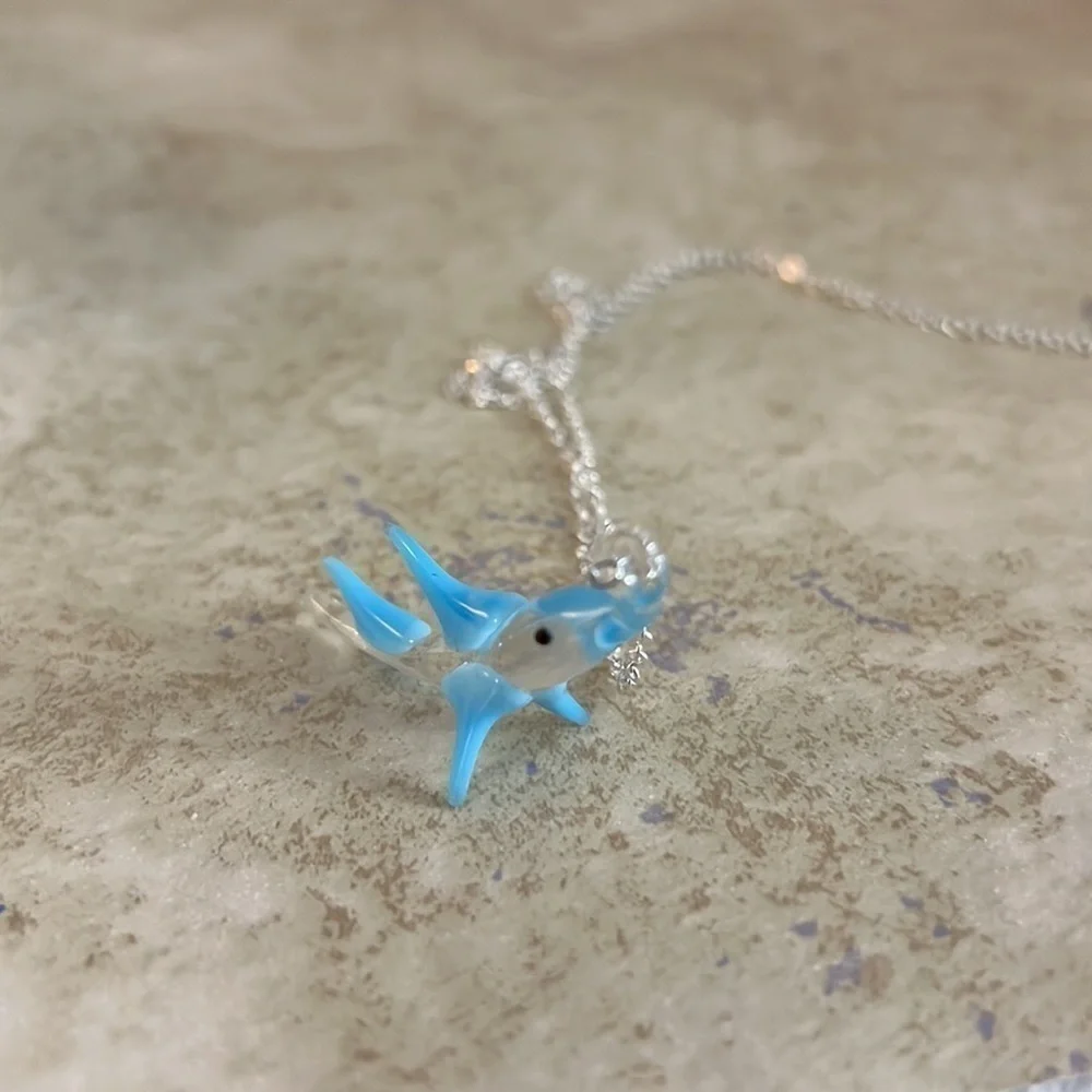 Hand Blown Glass Fish Necklace 26” Chain